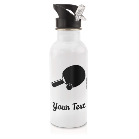 in White (600ml) with Drinking Straw (Table Tennis Icon) Black (Personalised with Text)