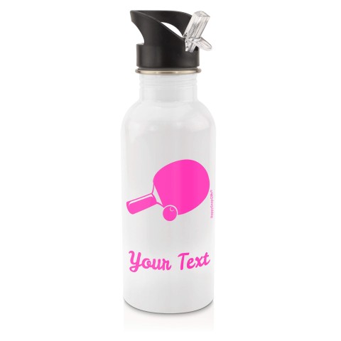 in White (600ml) with Drinking Straw (Table Tennis Icon) Hot Pink (Fuchsia) (Personalised with Text)