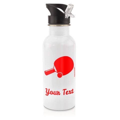 in White (600ml) with Drinking Straw (Table Tennis Icon) Red (Personalised with Text)