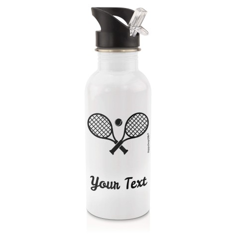in White (600ml) with Drinking Straw (Tennis Icon) Black (Personalised with Text)