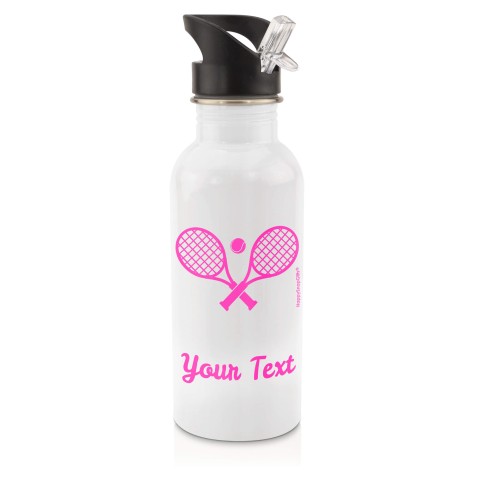 in White (600ml) with Drinking Straw (Tennis Icon) Hot Pink (Fuchsia) (Personalised with Text)