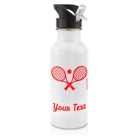 in White (600ml) with Drinking Straw (Tennis Icon) Red (Personalised with Text)