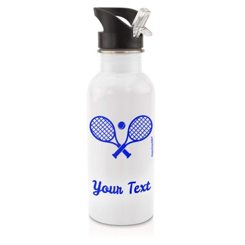 in White (600ml) with Drinking Straw (Tennis Icon) Royal Blue (Personalised with Text)