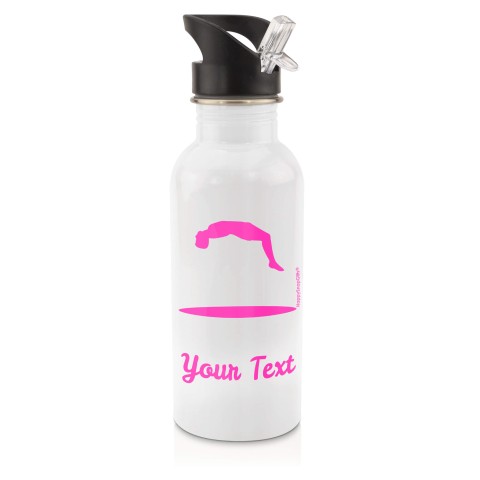 in White (600ml) with Drinking Straw (Trampolining Icon) Hot Pink (Fuchsia) (Personalised with Text)