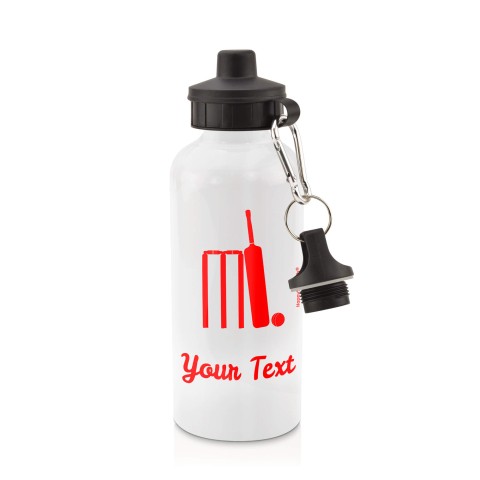 in White (600ml) with Screw Cap (Cricket Icon) Red (Personalised with Text)