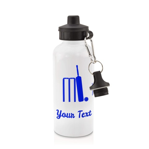 in White (600ml) with Screw Cap (Cricket Icon) Royal Blue (Personalised with Text)