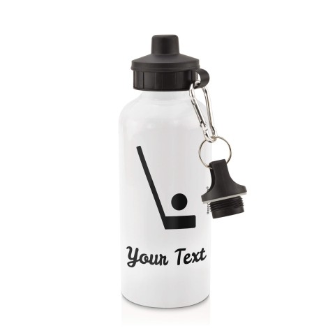 in White (600ml) with Screw Cap (Hockey Icon) Black (Personalised with Text)