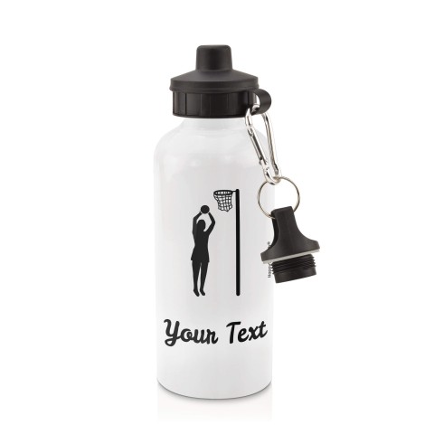 in White (600ml) with Screw Cap (Netball Icon) Black (Personalised with Text)