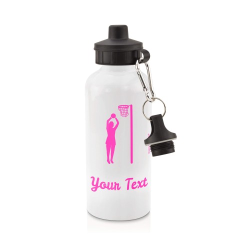 in White (600ml) with Screw Cap (Netball Icon) Hot Pink (Fuchsia) (Personalised with Text)