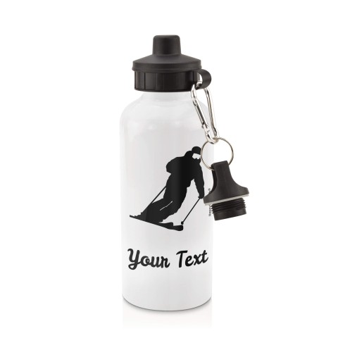 in White (600ml) with Screw Cap (Skiing Icon) Black (Personalised with Text)