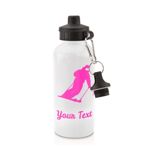 in White (600ml) with Screw Cap (Skiing Icon) Hot Pink (Fuchsia) (Personalised with Text)
