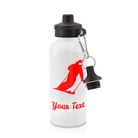 in White (600ml) with Screw Cap (Skiing Icon) Red (Personalised with Text)