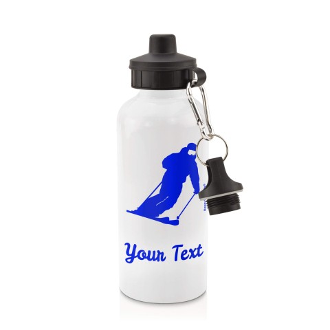 in White (600ml) with Screw Cap (Skiing Icon) Royal Blue (Personalised with Text)