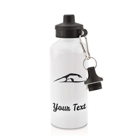 in White (600ml) with Screw Cap (Swimming Icon) Black (Personalised with Text)