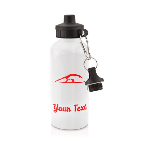 in White (600ml) with Screw Cap (Swimming Icon) Red (Personalised with Text)