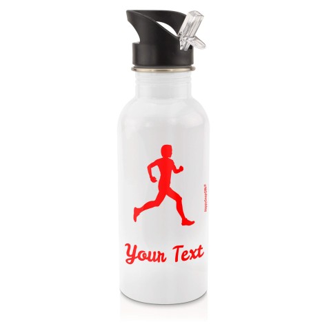 in White (600ml) with Drinking Straw (Running Icon) Red (Personalised with Text)