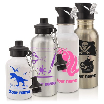 Personalised Kids Water Bottle in White 600ml and 400ml with Drinking Straw with Dinosaur Icons Personalised with Text