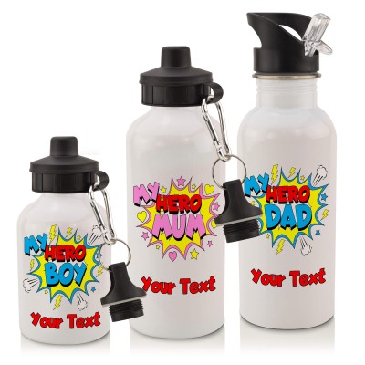 Personalised-Water-Bottle-with-My-Hero-Design-in-White 600ml with Drinking Straw and Screw Cap Personalised with Text