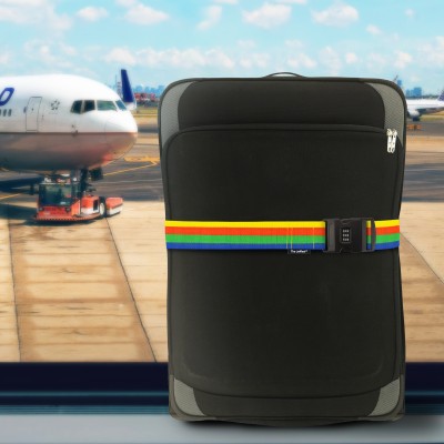 Combination Luggage Strap Lifestyle Image Showing Stripey Luggage Strap on Suitcase