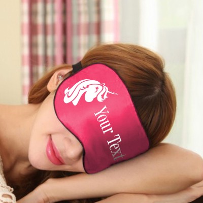 Unicorn Eye Mask with Personalised Text Shown Being Worn in Fuchsia Pink