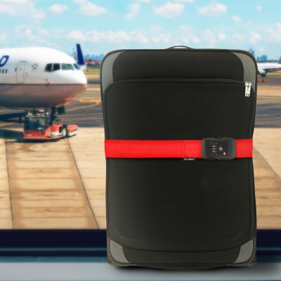 TSA Combination Luggage Strap with TSA Lock Available in Red and Green Shown on Suitcase