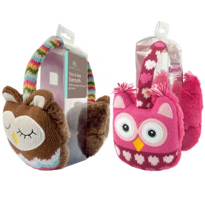 Earmuffs in Pink and Brown Knitted Owl Design with (Click-Heat) Warming Insert
