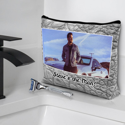 Mens Wash Bag Personalised Text &amp; Photo Being used in a Bathroom