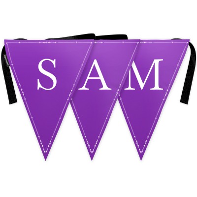 - 5 Metres with 12 Triangle Flags (28cm) with Floral Border Purple Mock Suede Polyester Fabric (Optional Personalised Gift Text)