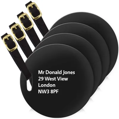 (10cm Circle) Black with Leather Strap (Personalised with Text)