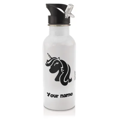 in White (600ml) with Drinking Straw (Unicorn Icon) Black (Personalised with Text)