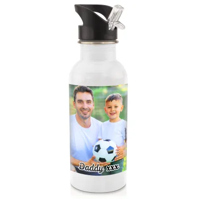 in White (600ml) with Drinking Straw with 1 Photo Printed Front & Back (Personalised with Text)