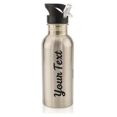 in Silver (600ml) with Drinking Straw Black (Personalised with Text)