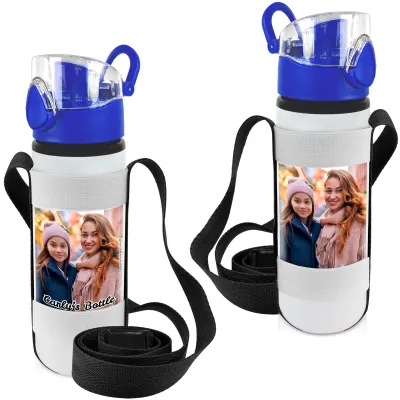 - Blue with 1 Photo Printed Front & Back (Personalised with Text) with Black Water Bottle Sling