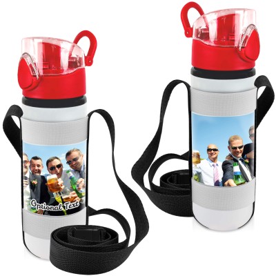 - Red with 1 Wrapped Around Image (Personalised with Text) with Black Water Bottle Sling