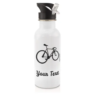 in White (600ml) with Drinking Straw (Cycling Icon) Black (Personalised with Text)
