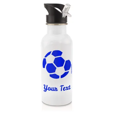 in White (600ml) with Drinking Straw (Football Icon) Royal Blue (Personalised with Text)