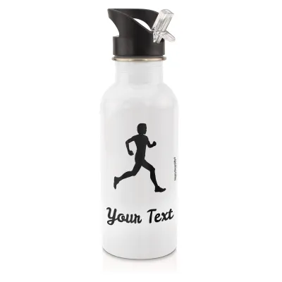 in White (600ml) with Drinking Straw (Running Icon) Black (Personalised with Text)