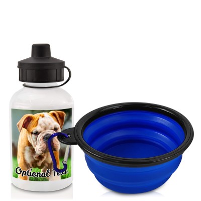 in White (400ml) with Screw Cap with 1 Photo Printed Front & Back (Optional Personalised Gift Text) with Blue Pet Bowl